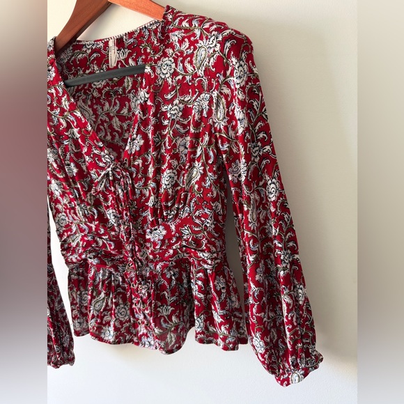 Anthropologie EUC Feather Bone Floral Lace-Up Peplum Blouse Red Size 4 - Picture 6 of 16